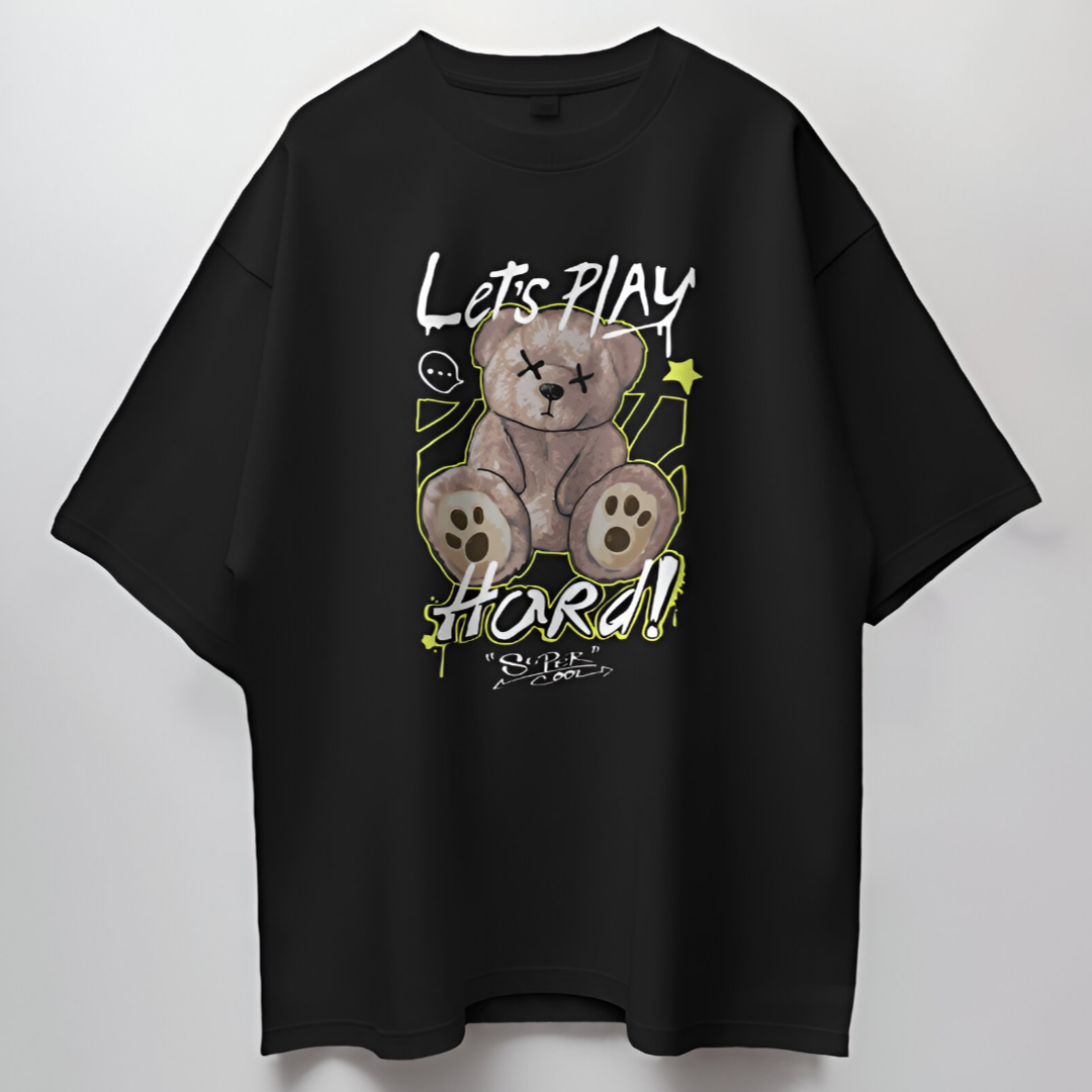 Close-up view of 'Let's Play Hard' text in bold white font on red background, emphasizing dynamic design.