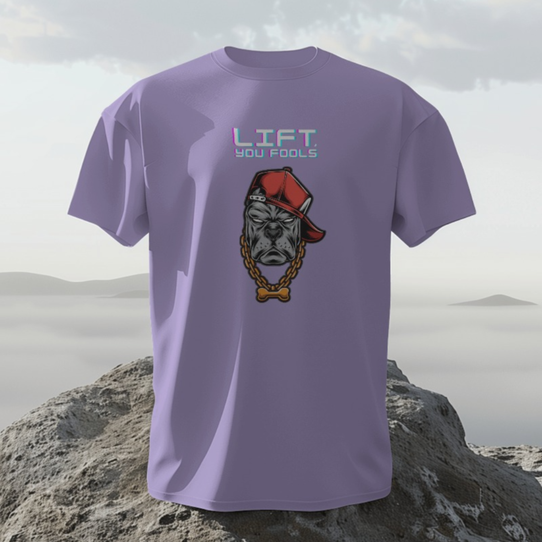 Model doing weightlifting in a gym wearing the motivational 'LIFT, You Fools' T-shirt.