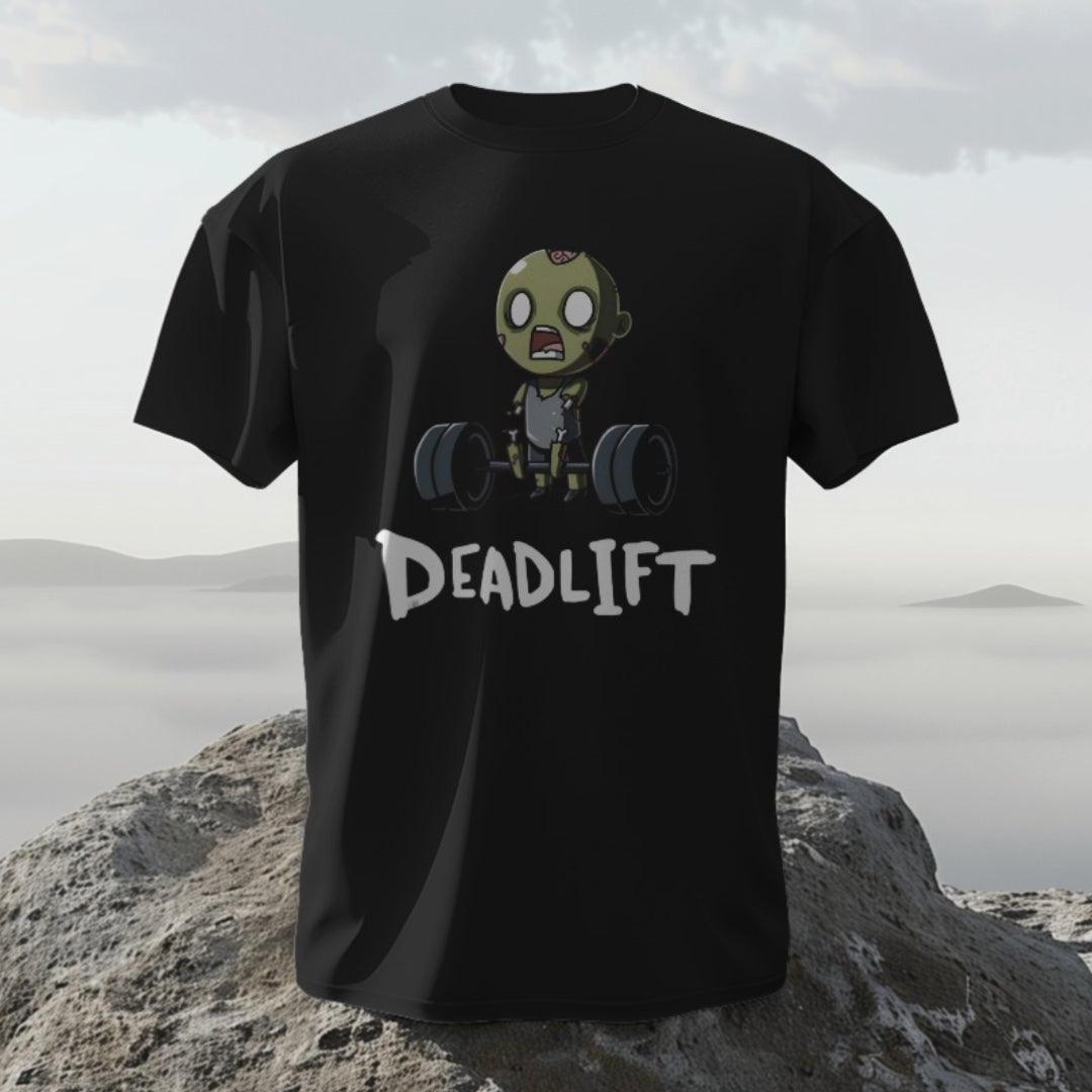 Back view of the Deadlift Zombie gym T-shirt, plain design with room for customization.