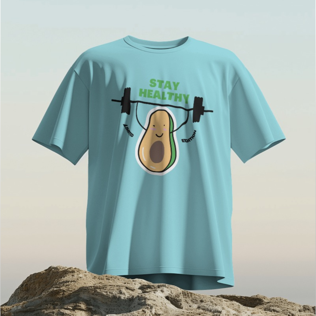 Model wearing the 'Stay Healthy' oversized gym T-shirt while lifting weights in a fitness center.