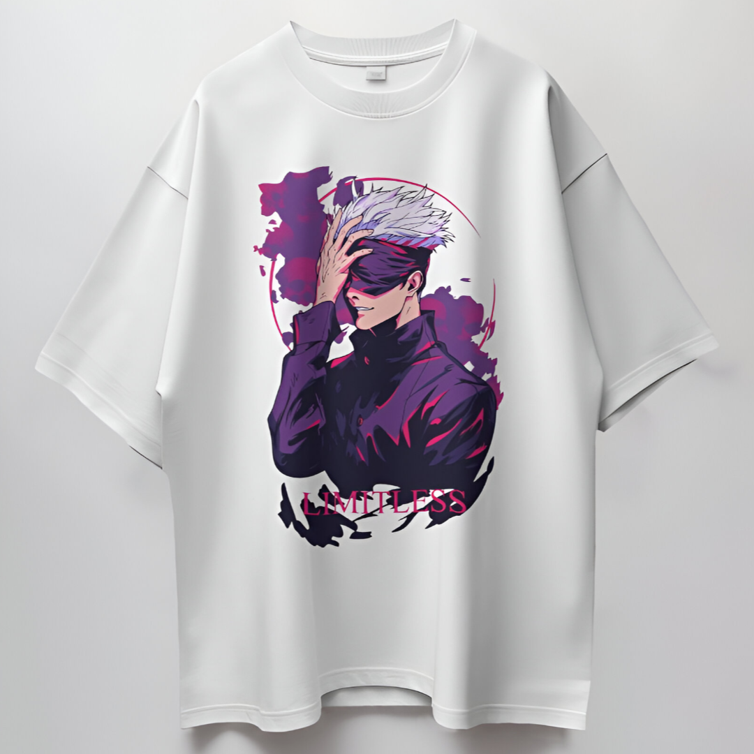 Model wearing the Satoru Gojo Jujutsu Kaisen oversized T-shirt, paired with casual streetwear.