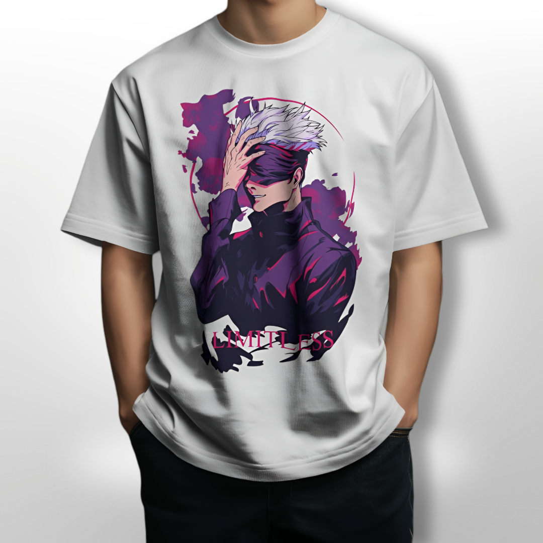 Model wearing the Satoru Gojo Jujutsu Kaisen oversized T-shirt, paired with casual streetwear.