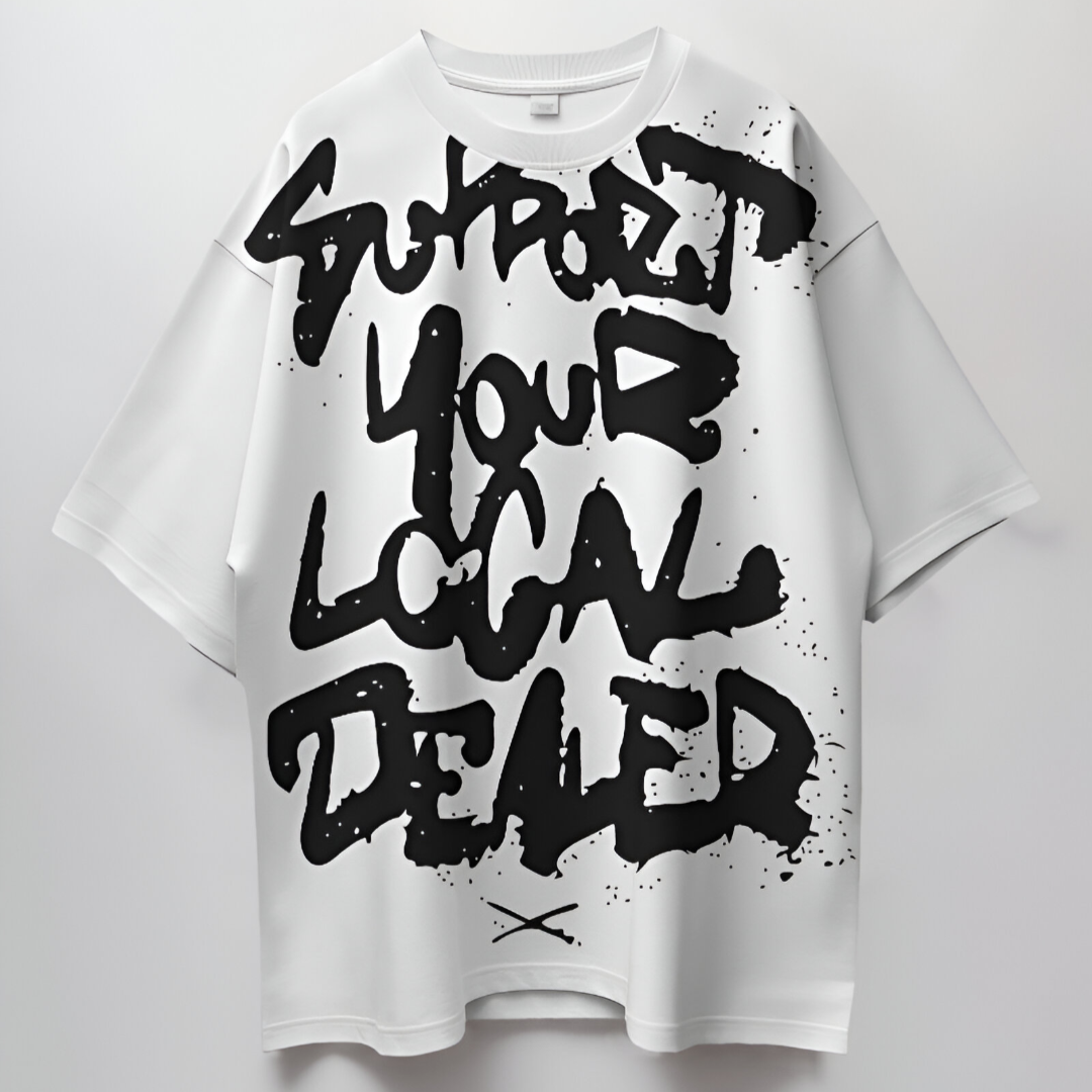 Detailed view of the playful 'Support Your Local Dealer' text in white on a black T-shirt, emphasizing street-style font.