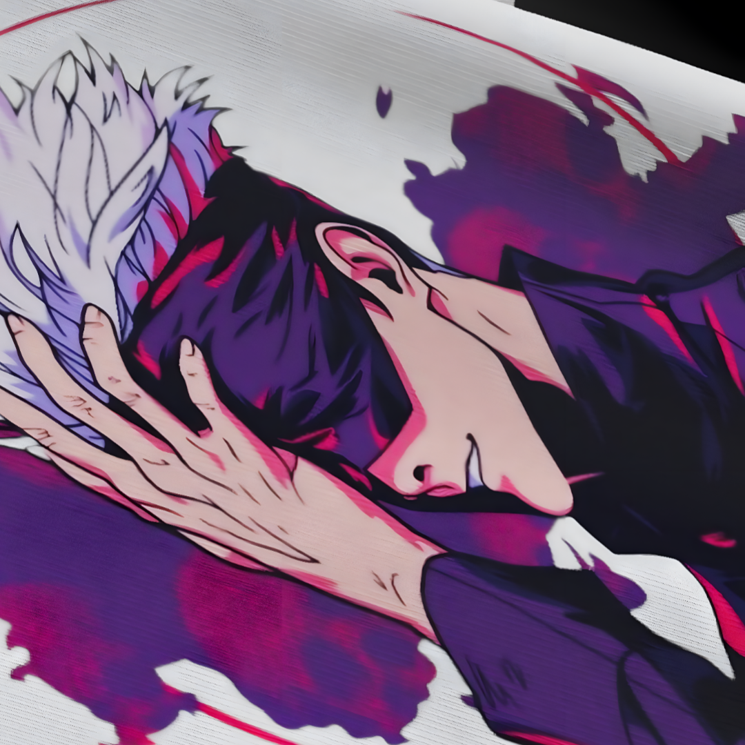 Detailed view of Satoru Gojo's intense blue eyes graphic on a black oversized T-shirt.