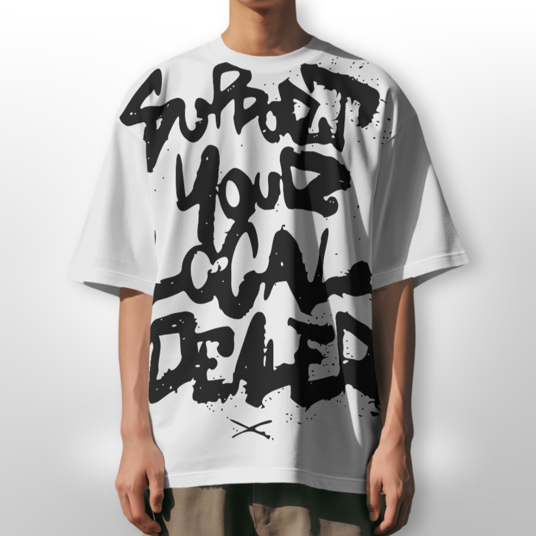 Model wearing 'Support Your Local Dealer' oversized T-shirt, paired with distressed jeans for an urban look.