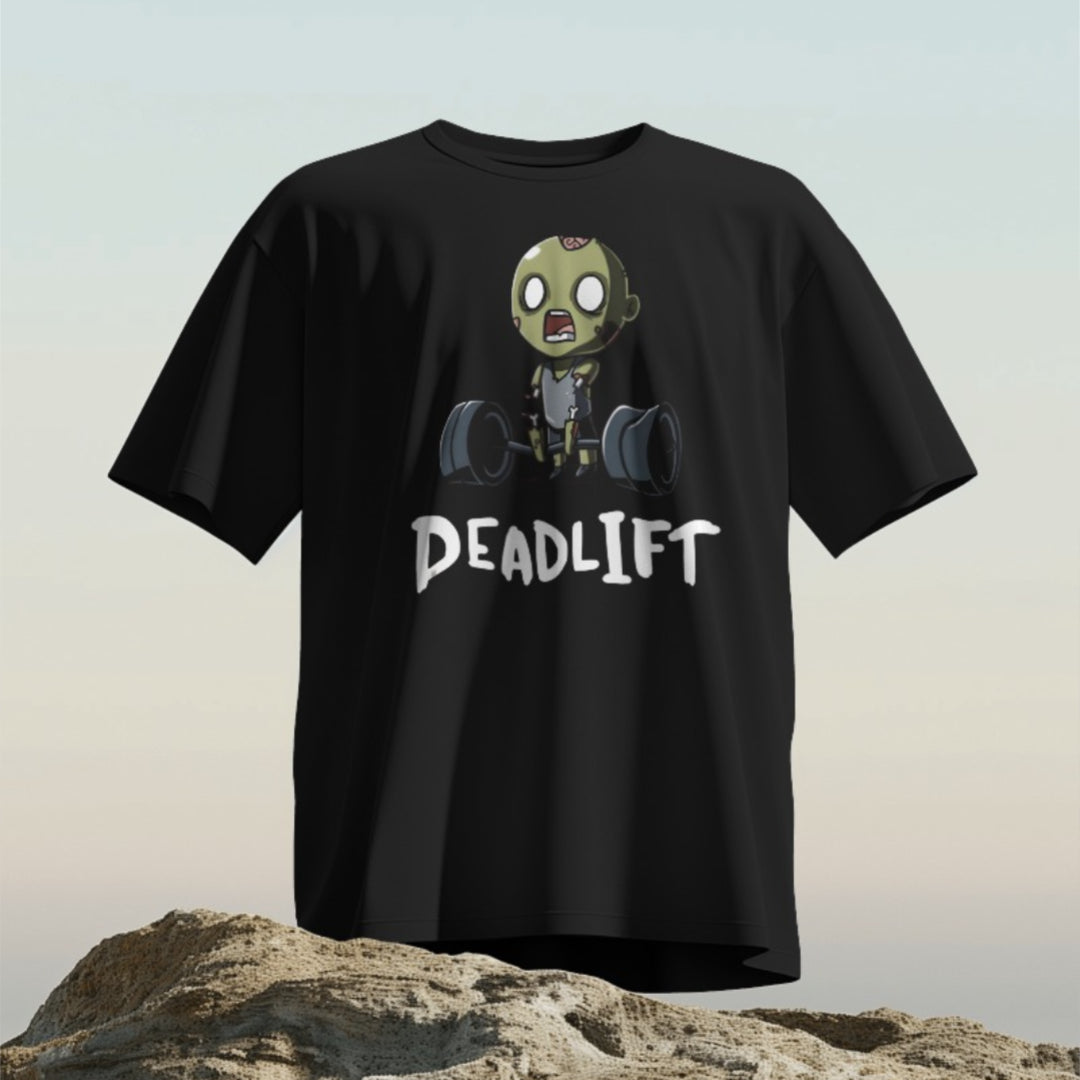 Casual workout scene with a person wearing the Deadlift Zombie T-shirt during a weightlifting session.