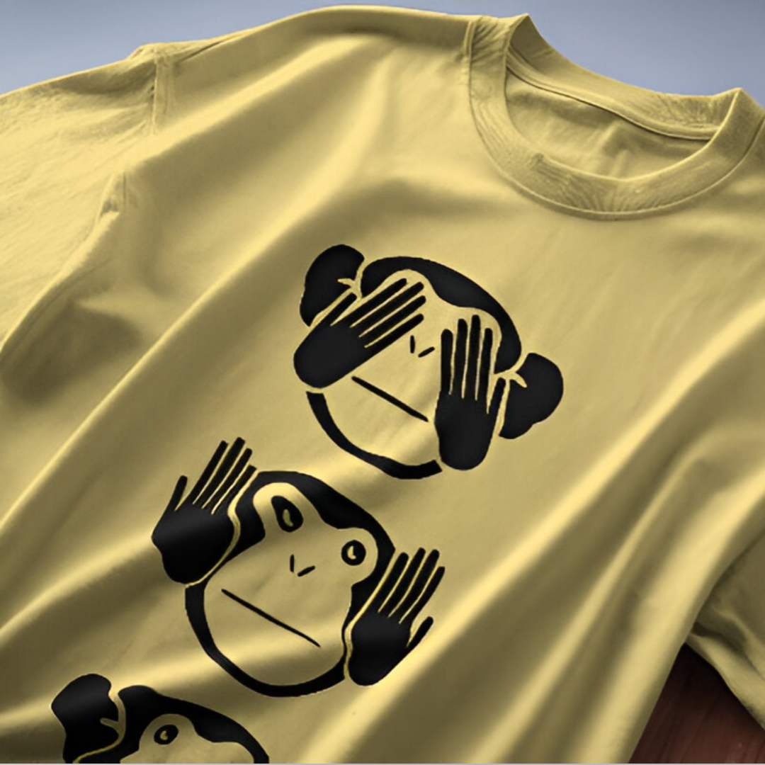 Detailed close-up of the three monkeys graphic, each depicting a different 'No Evil' pose, on a premium quality T-shirt.