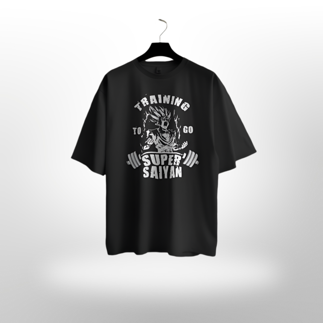 Unisex 'Training to Go Super Saiyan' slogan on a bright yellow oversized gym T-shirt.
