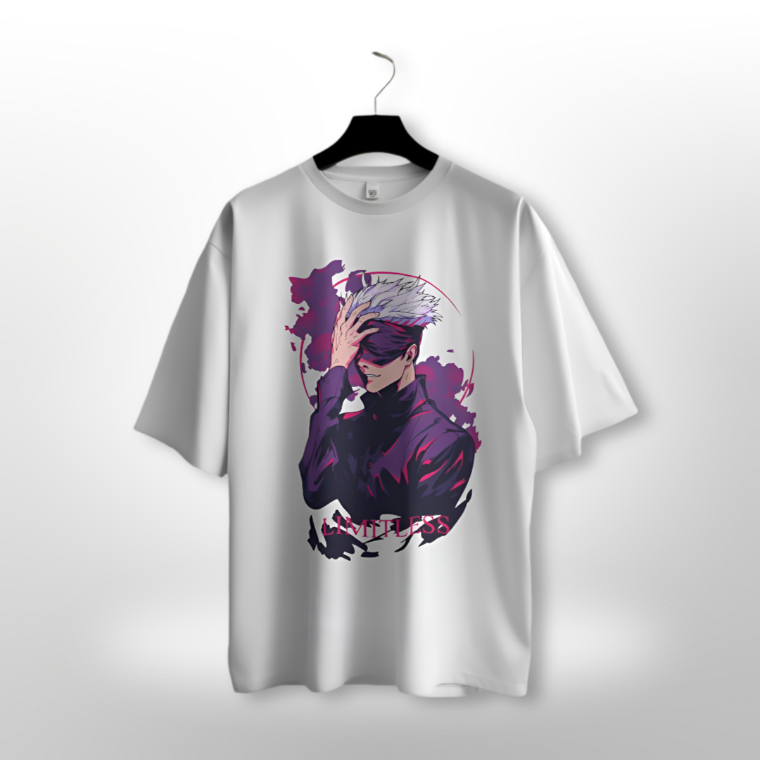 Oversized premium T-shirt featuring Satoru Gojo from Jujutsu Kaisen, displayed on a sleek black fabric.