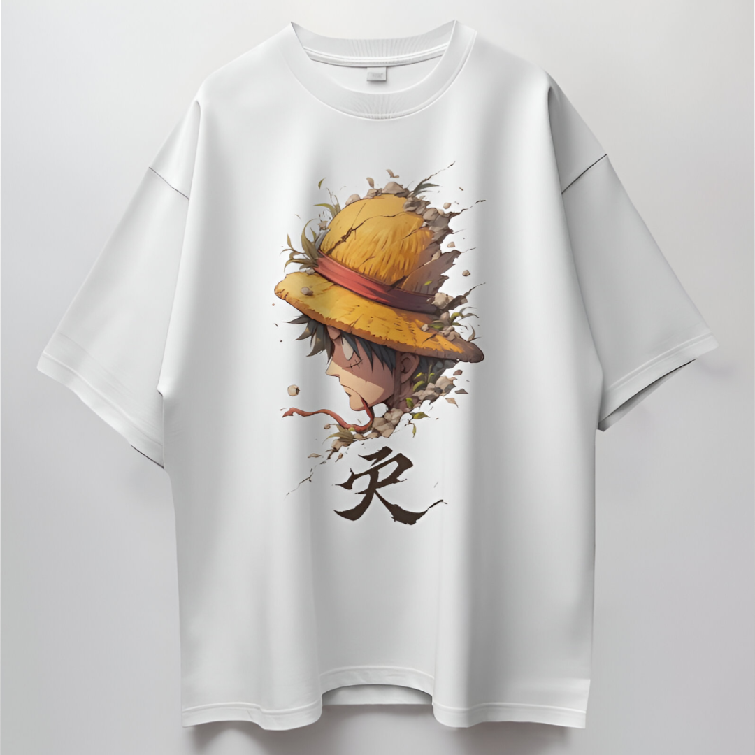 Model styled in a Kid Luffy One Piece oversized T-shirt, complemented with light-wash denim for a casual look.