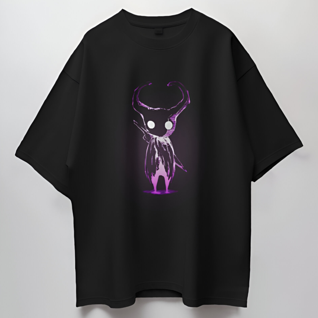 Close-up view of the 'Little Demon' character graphic on red T-shirt, highlighting intricate design details.