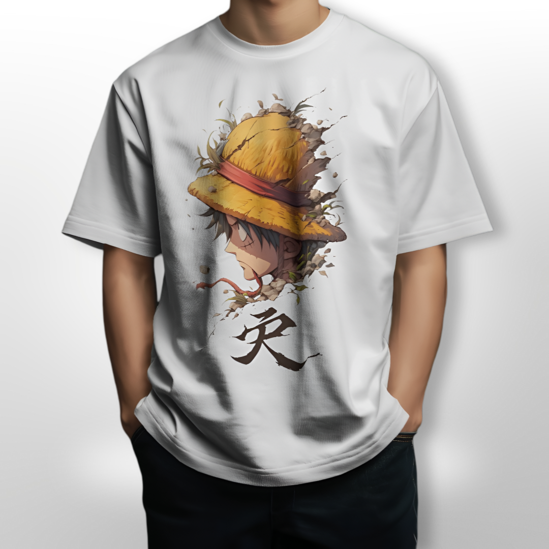 Model styled in a Kid Luffy One Piece oversized T-shirt, complemented with light-wash denim for a casual look.