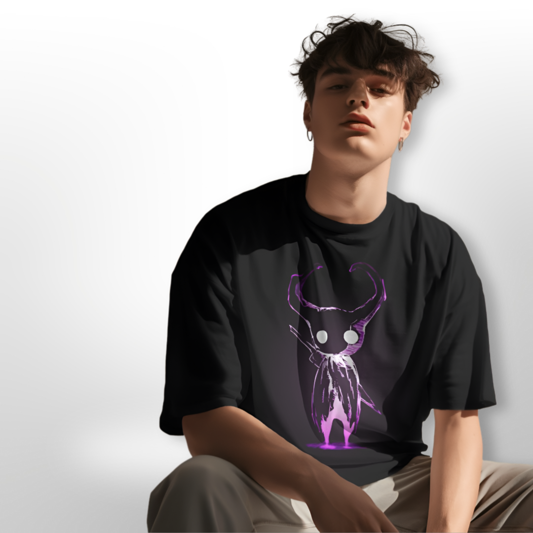 Model wearing the 'Little Demon' red oversized T-shirt, styled with black jeans for a casual look.