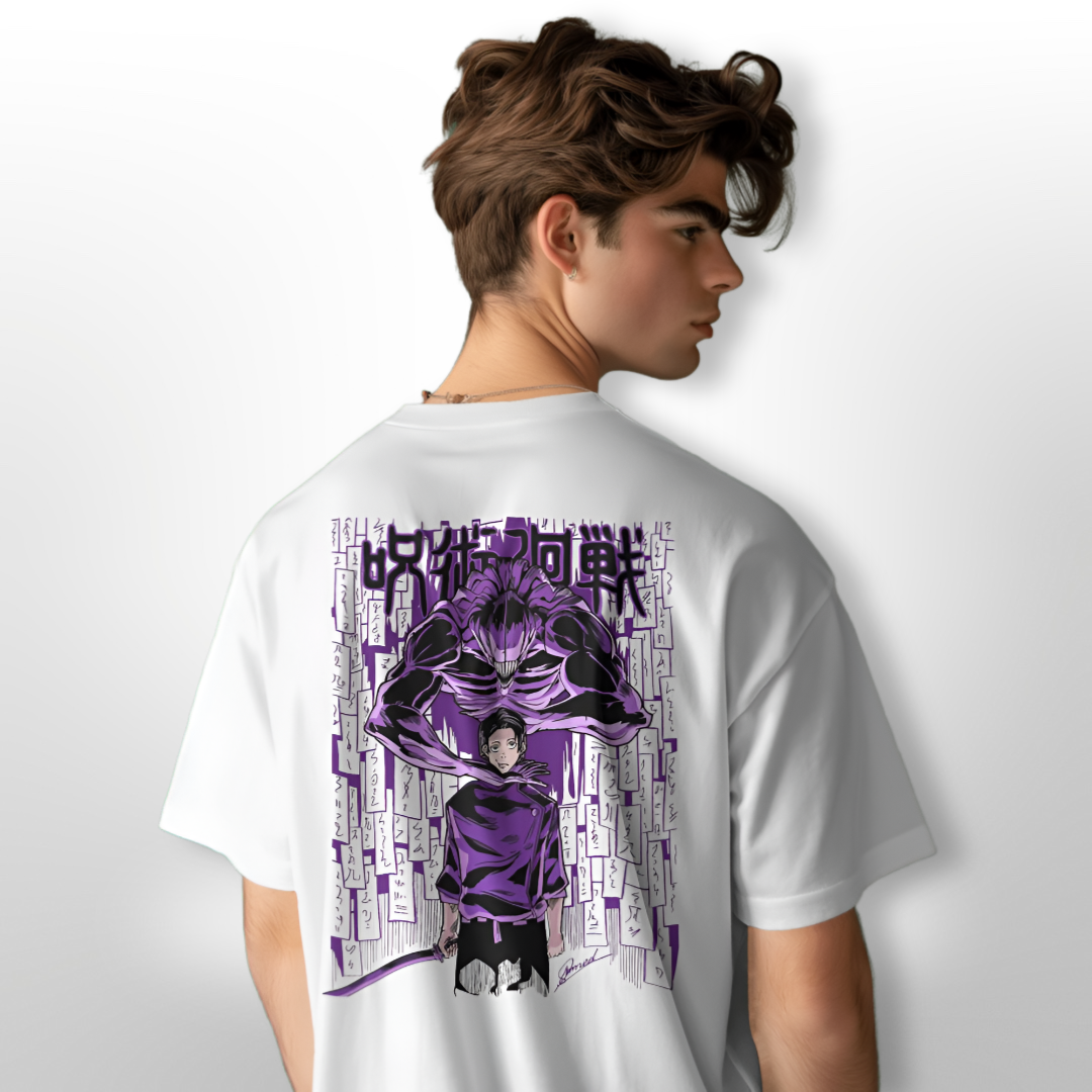 Anime enthusiast wearing the Yuta and Rika oversized T-shirt at an anime expo, interacting with other fans.