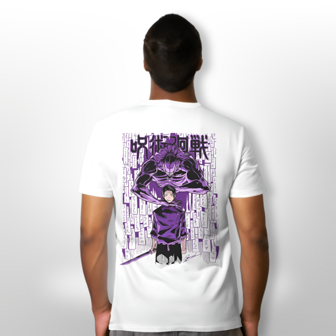 Anime enthusiast wearing the Yuta and Rika oversized T-shirt at an anime expo, interacting with other fans.