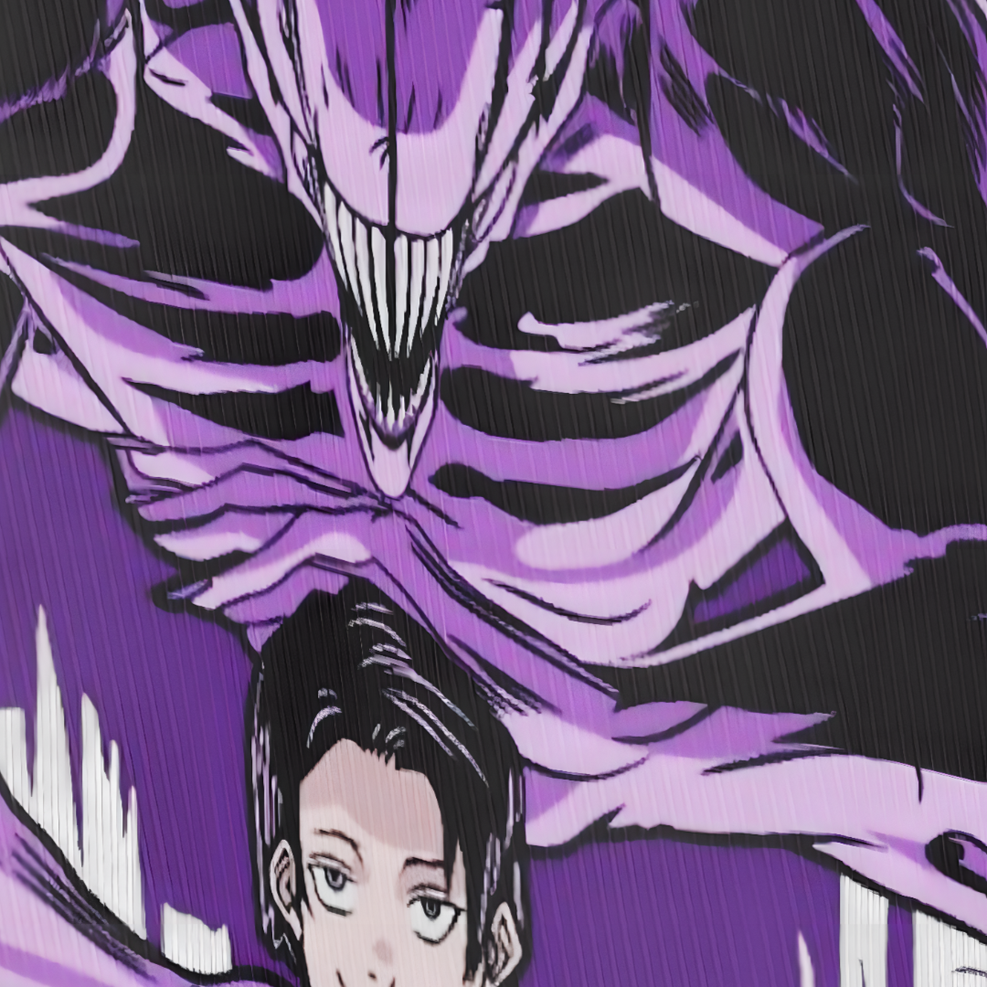 Detailed close-up of Yuta and Rika's intertwined spirits graphic on a Jujutsu Kaisen oversized T-shirt.