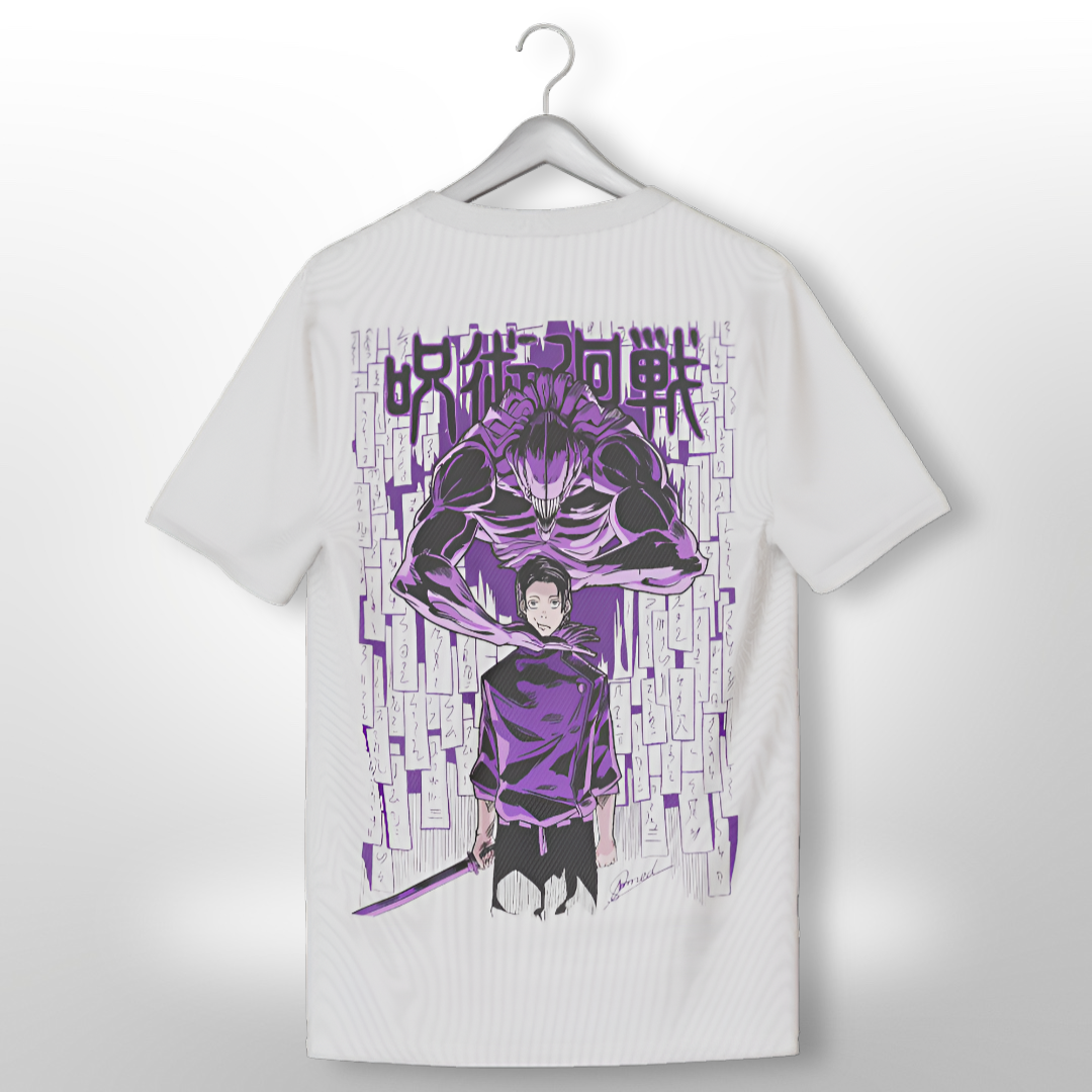 Oversized premium T-shirt featuring Yuta Okkotsu and Rika Orimoto from Jujutsu Kaisen, portrayed on a dark grey fabric.