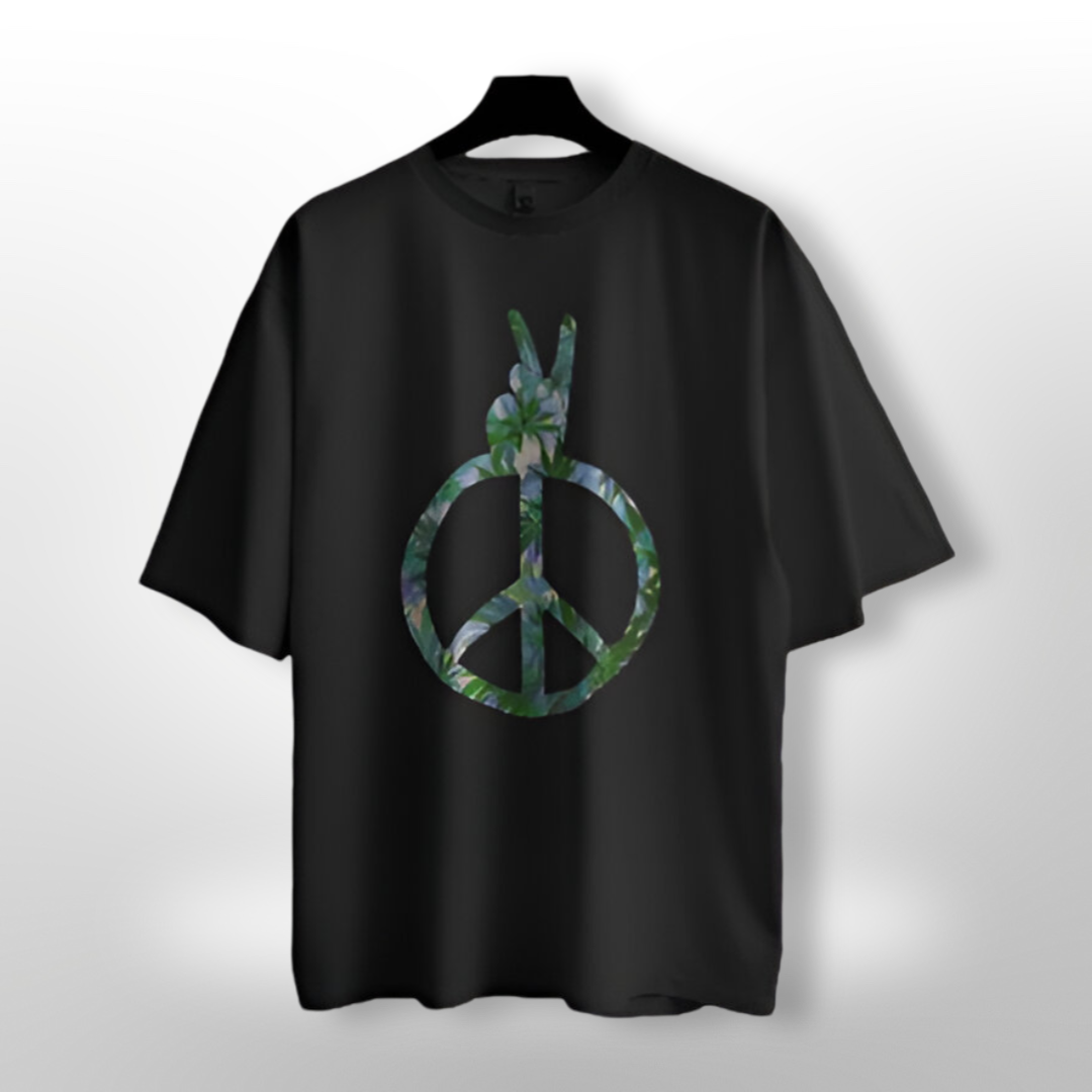 Unisex oversized T-shirt featuring an eco-friendly 'Green Piece' graphic on a forest green background.