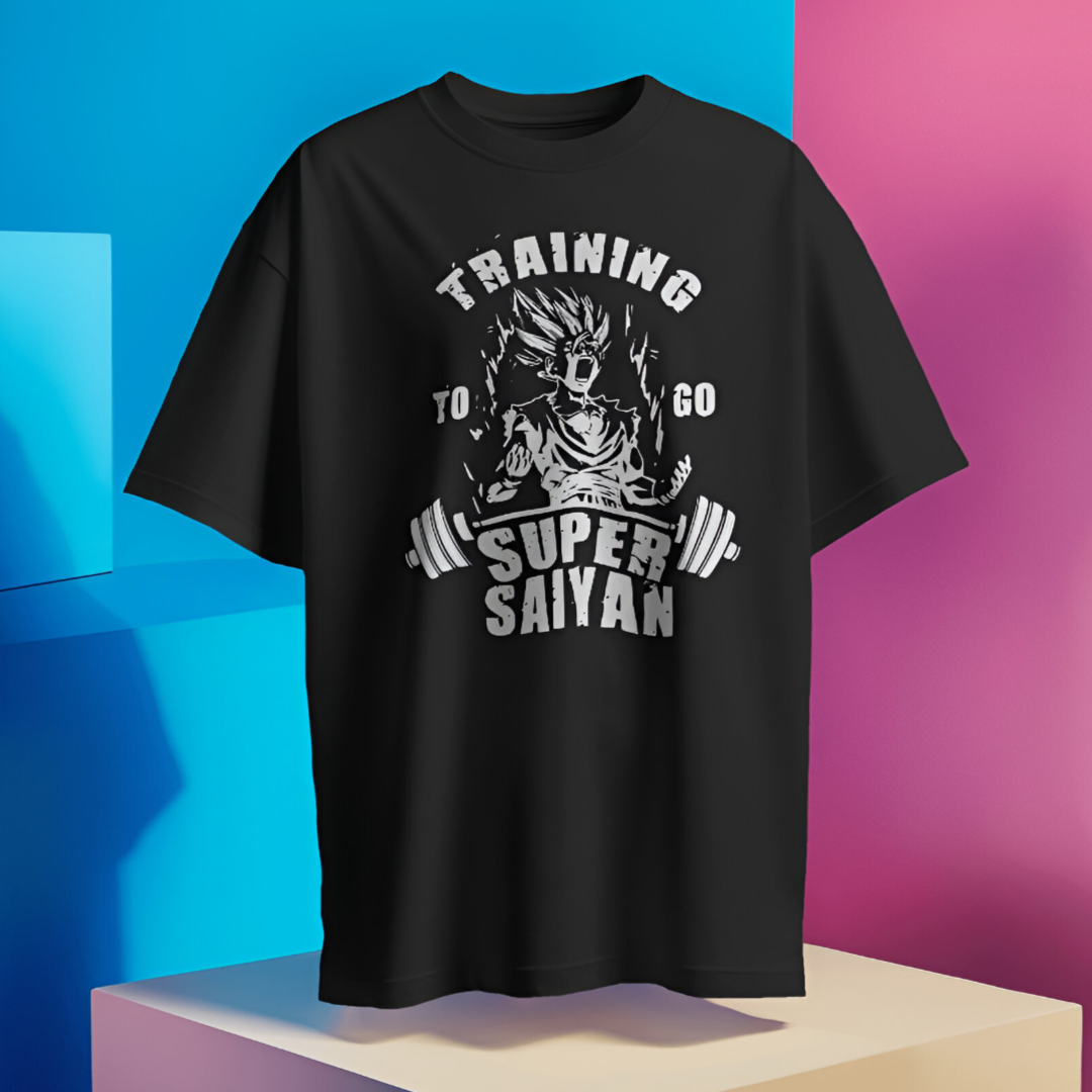 Detailed close-up of 'Training to Go Super Saiyan' print on vibrant yellow gym T-shirt.
