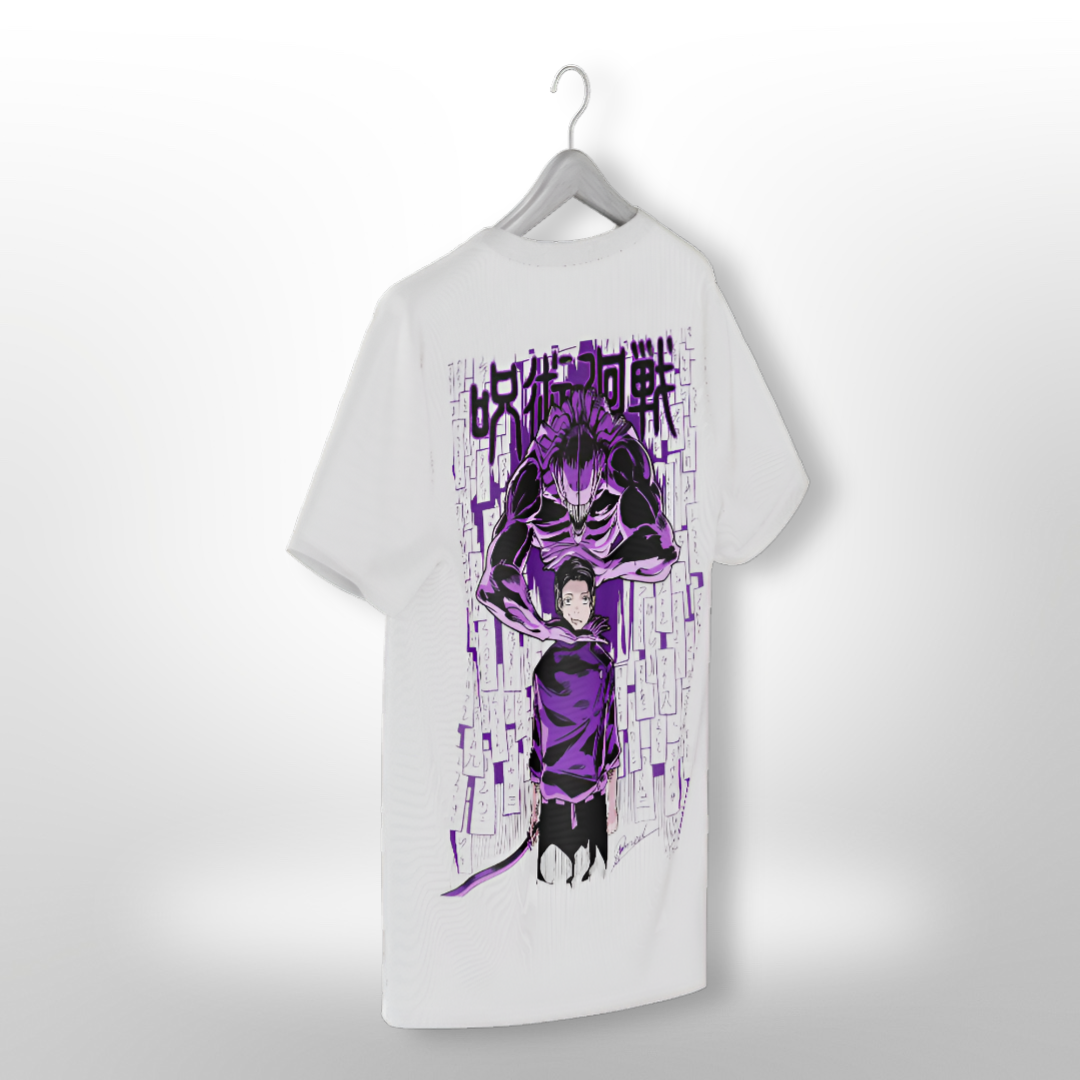 Back side of the dark grey oversized T-shirt, showcasing a clean design with subtle Jujutsu Kaisen branding near the collar.