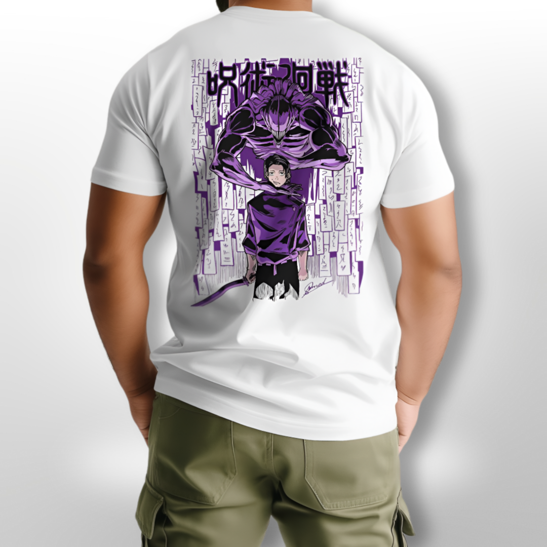 Model showcasing the Yuta Okkotsu & Rika Orimoto oversized T-shirt, paired with black jeans for a dark, stylish look.