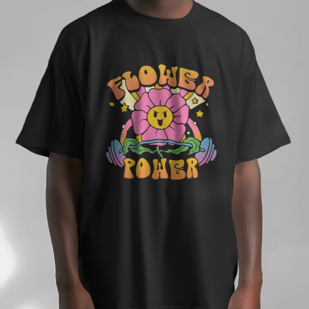 Model wearing the 'Flower Power' gym T-shirt during a yoga session, showcasing a relaxed fit.