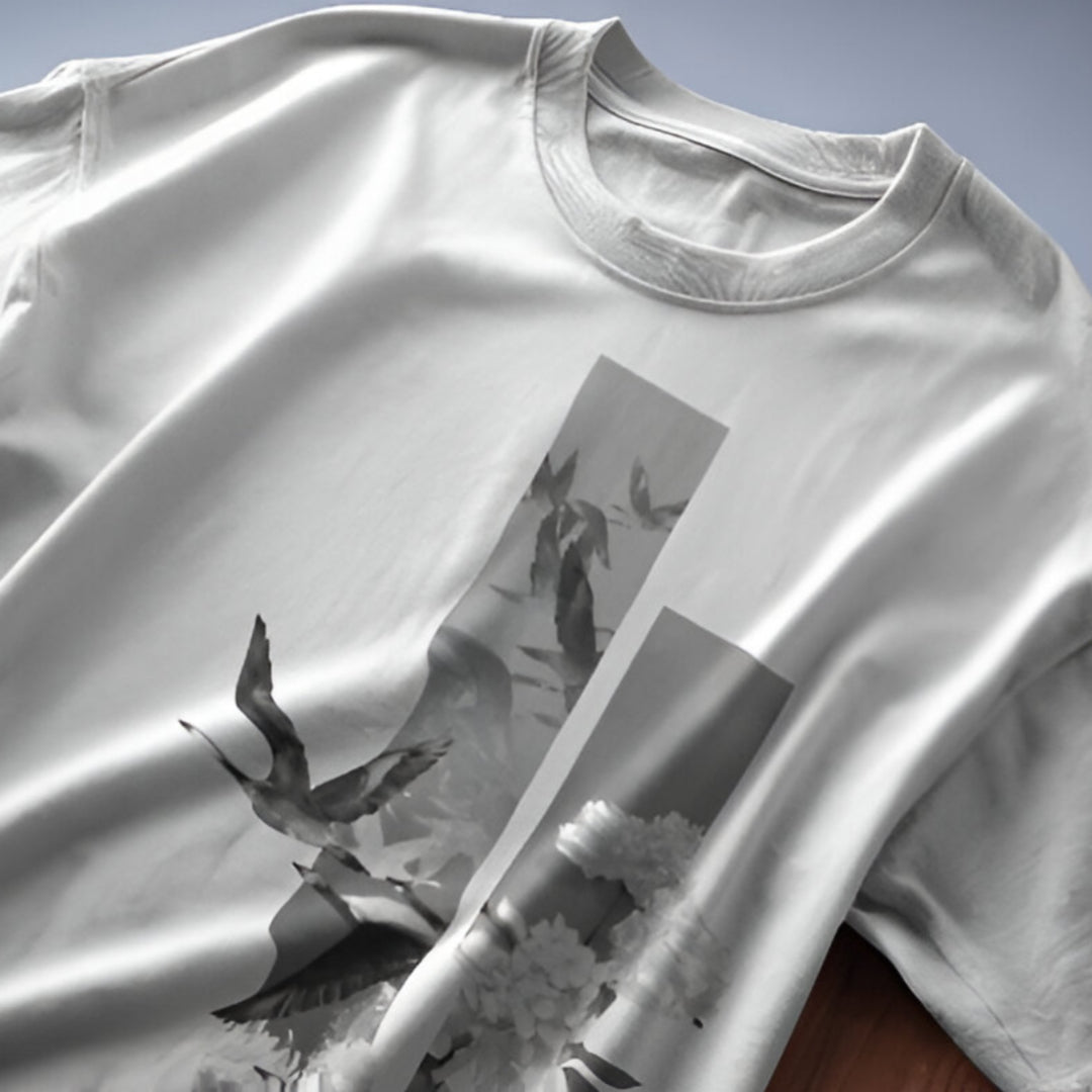 Detailed embroidery of Flying Bird in traditional Japanese art style on premium T-shirt.