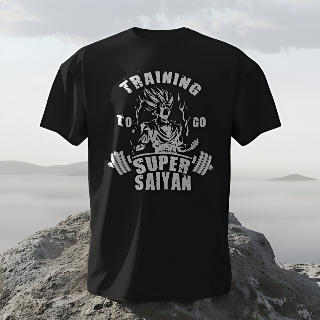 Model jogging in an urban environment wearing the 'Training to Go Super Saiyan' motivational T-shirt.