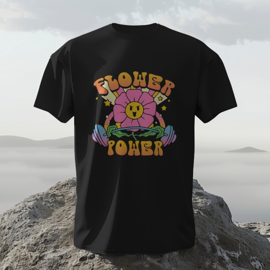 Outdoor fitness scene with model stretching in 'Flower Power' gym T-shirt at a park.