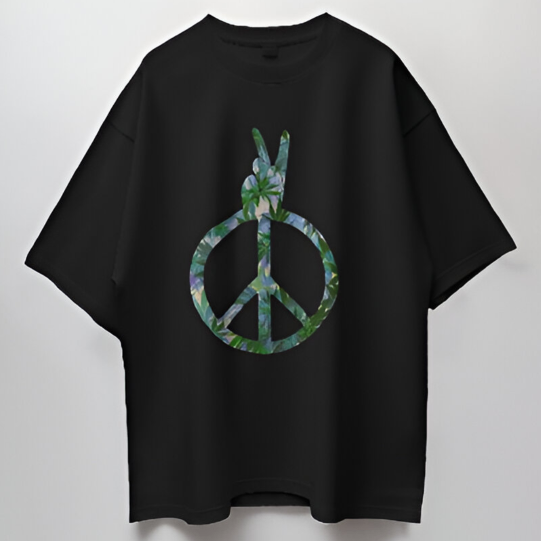 Model sporting the Green Piece designed oversized T-shirt during an outdoor conservation event, paired with eco-friendly jeans.