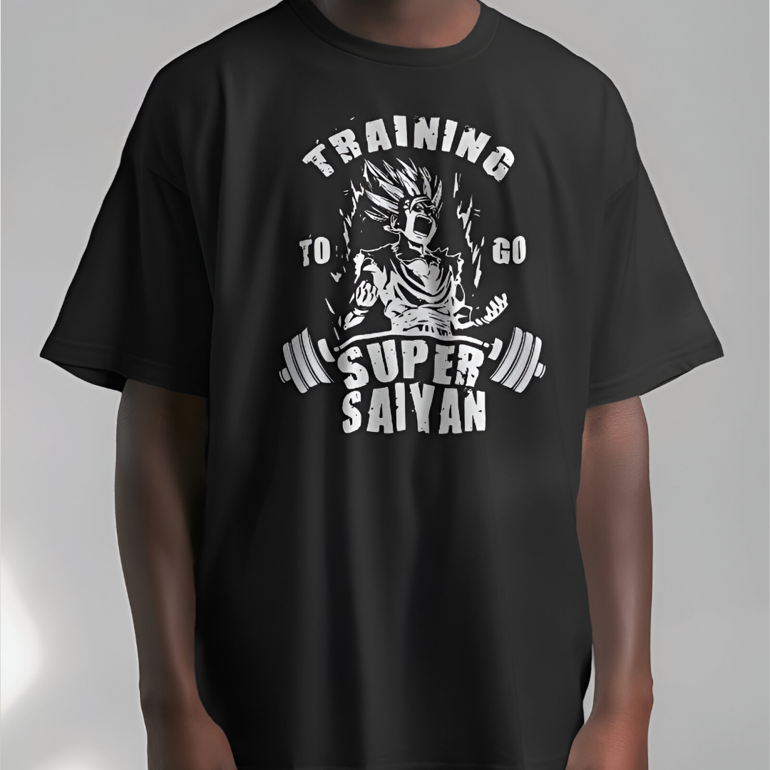 Model performing a high-intensity workout in a 'Training to Go Super Saiyan' gym T-shirt.