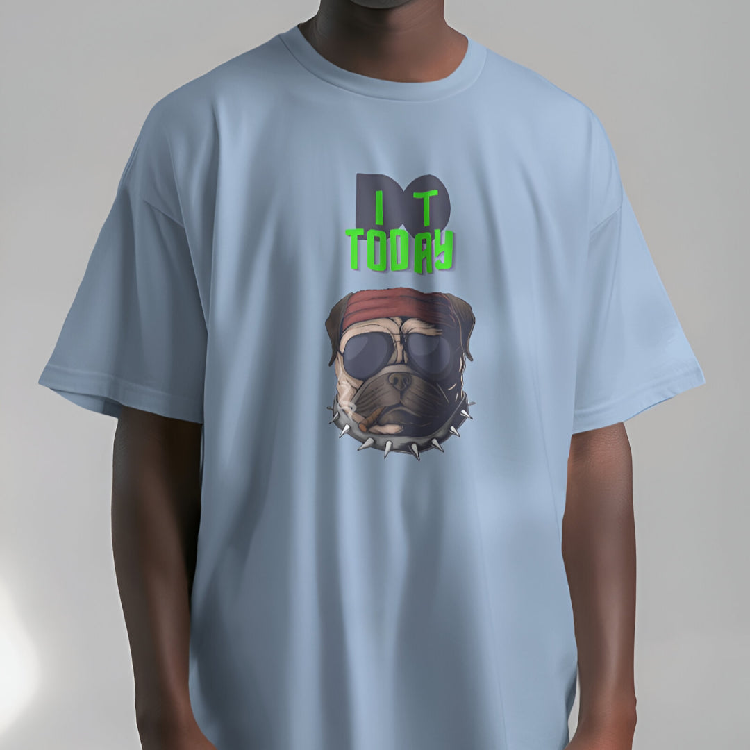 Folded view of the sky blue oversized gym T-shirt with 'Do It Today' slogan, highlighting fabric quality.