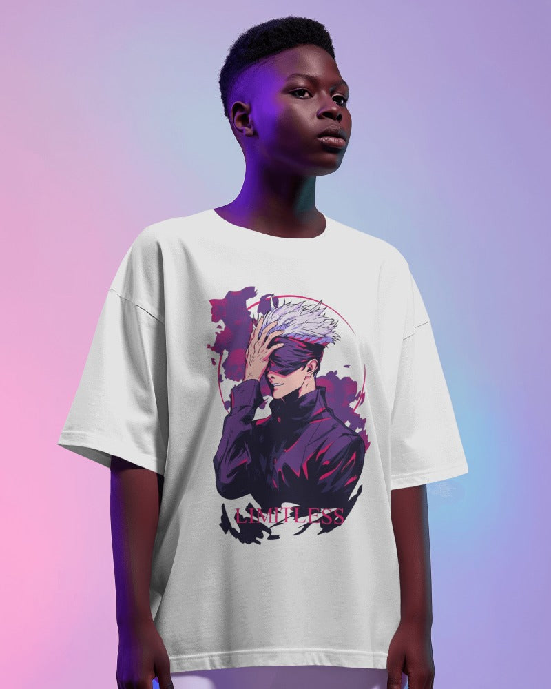 Anime fan sporting the Satoru Gojo T-shirt at a pop culture convention, engaging with other attendees.