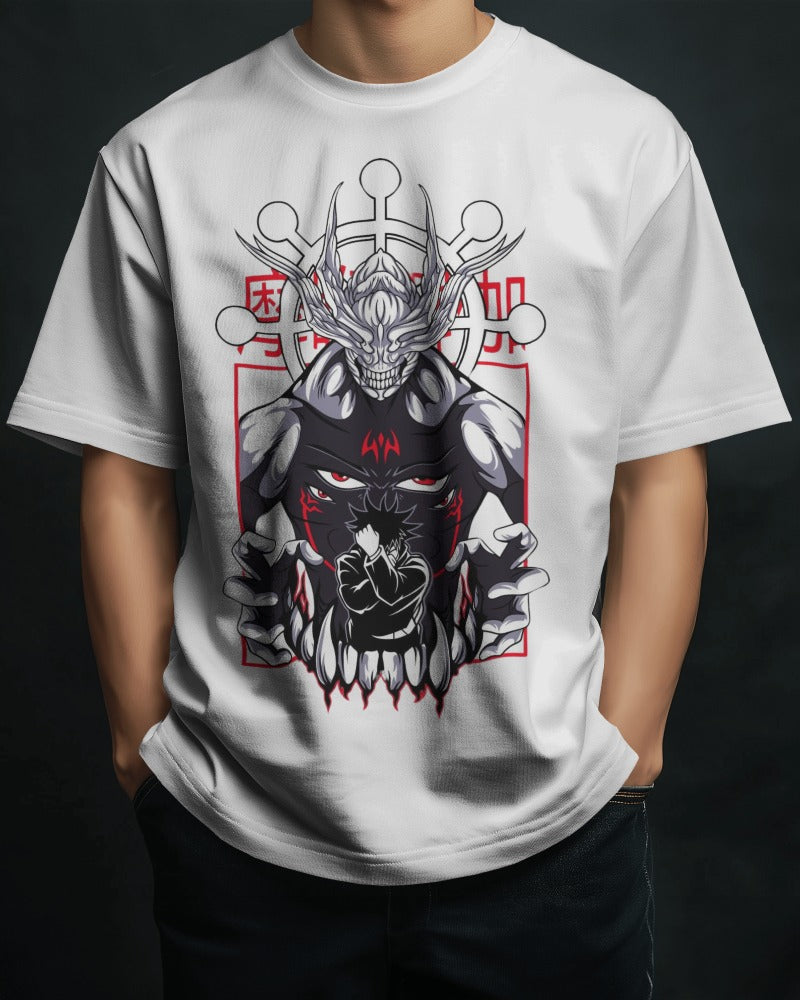 Mahuraga graphic on charcoal oversized premium T-shirt from Jujutsu Kaisen collection.