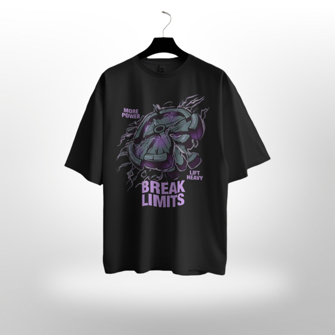 Unisex 'BREAK LIMITS More Power, Lift Heavy' slogan on black oversized T-shirt for athletes.