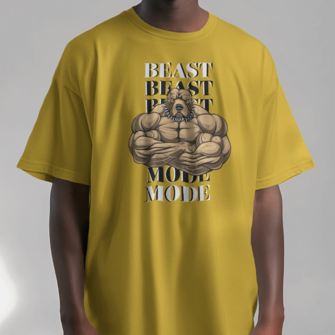 Folded BEAST MODE gym T-shirt, highlighting the quality and texture of the fabric.