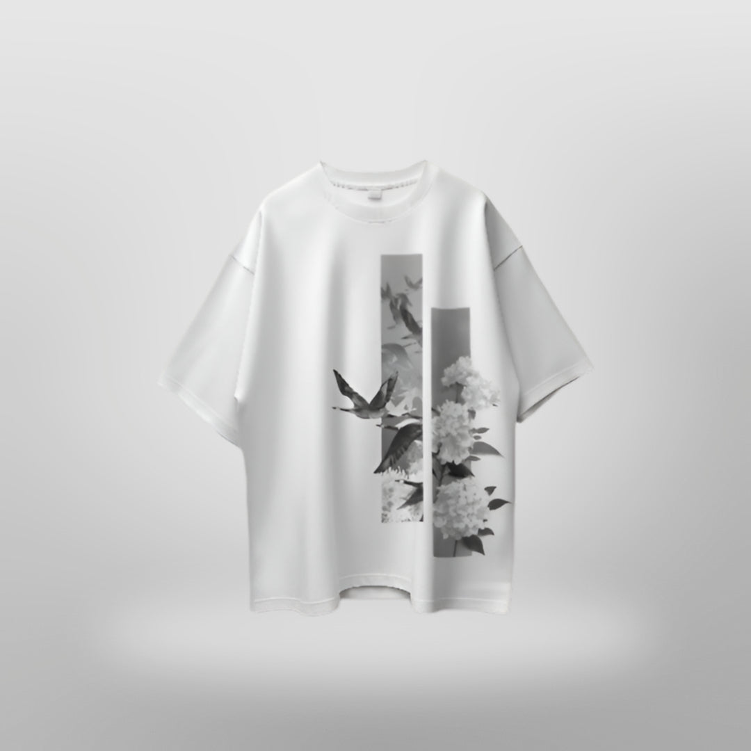 Flying Bird Japanese-style artwork on oversized premium white T-shirt.